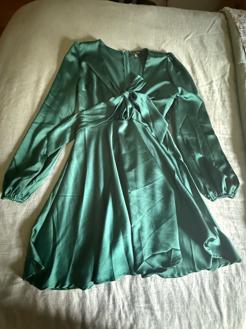 Emerald Green Long Sleeve Tie-Waist Dress